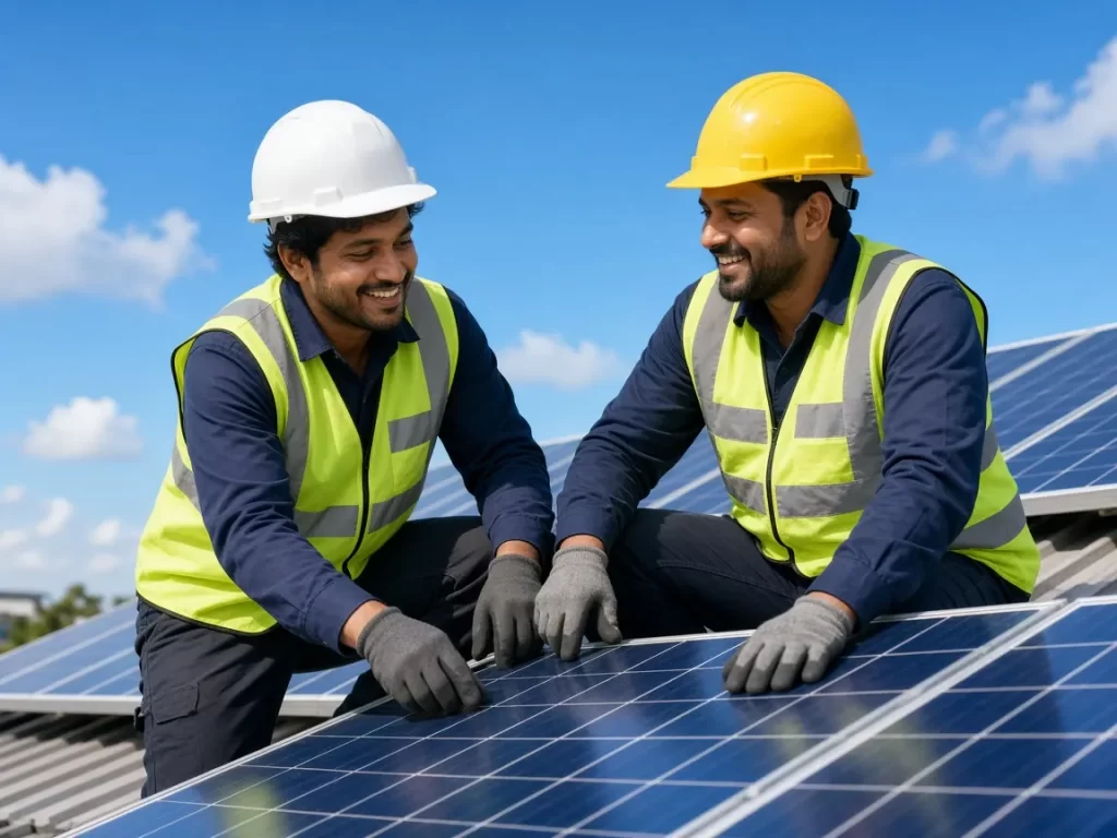 Solar technicians installing panels